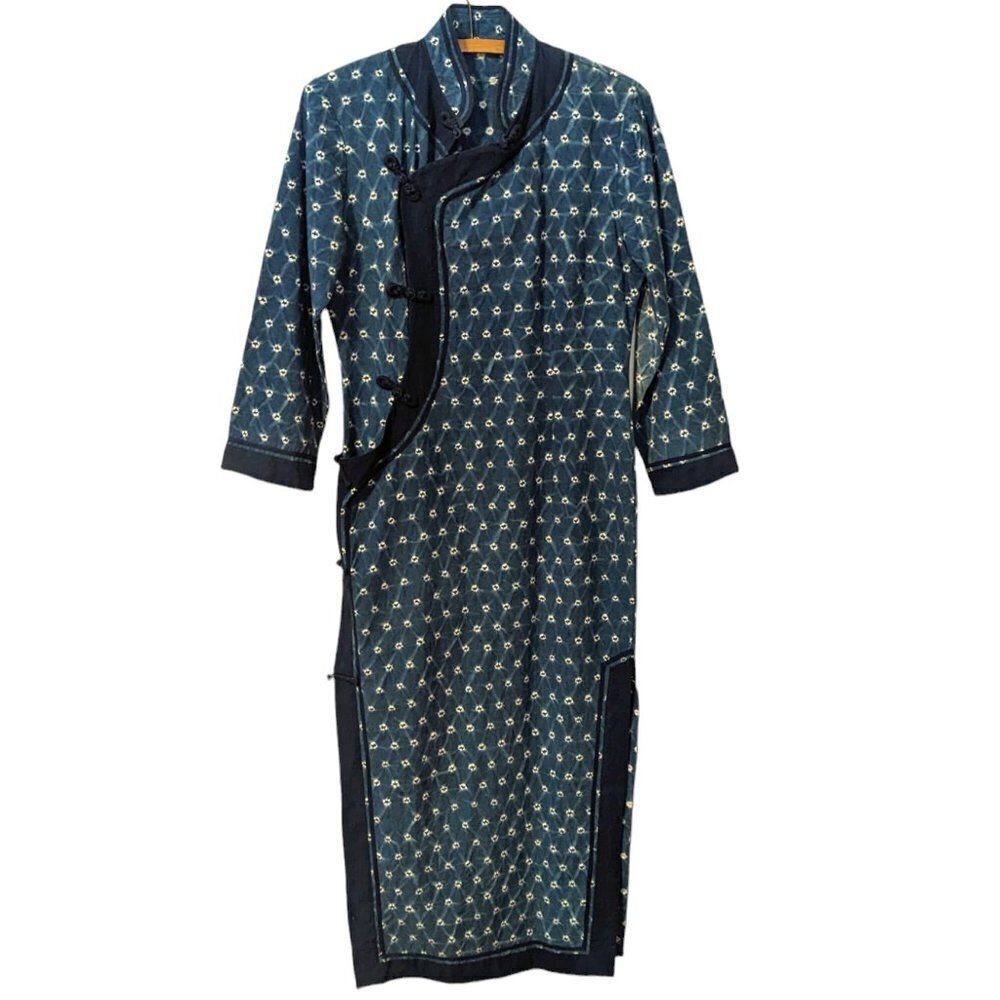 Vintage Shibori Japanese Robe Kimono Yukata Coverup Boho Blue White